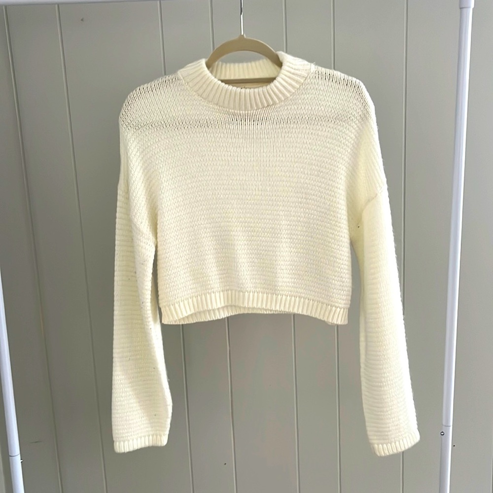 Cream Express Semi-turtle neck cropped sweater.